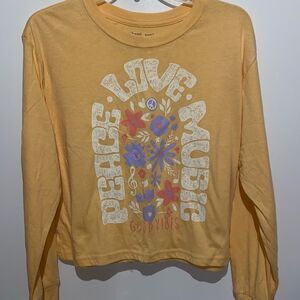 Weekend Soul Women's Mustard Peace Love Music Floral Long Sleeve T-Shirt XS NWT